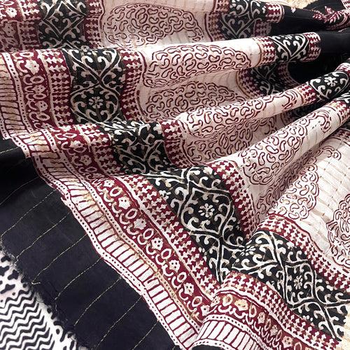 White and black bagh print banarasi saree with zari border