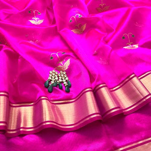 Rani pink chanderi silk saree with meenakari work all over
