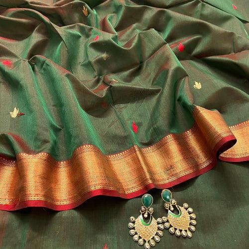 Dark green and red maheshwari saree with flower bootis all over