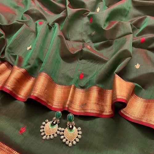 Dark green and red maheshwari saree with flower bootis all over