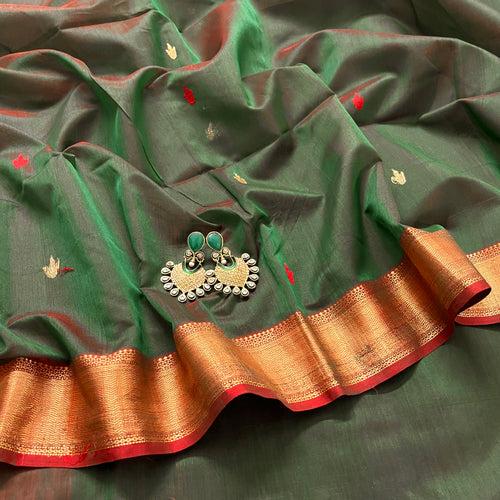 Dark green and red maheshwari saree with flower bootis all over