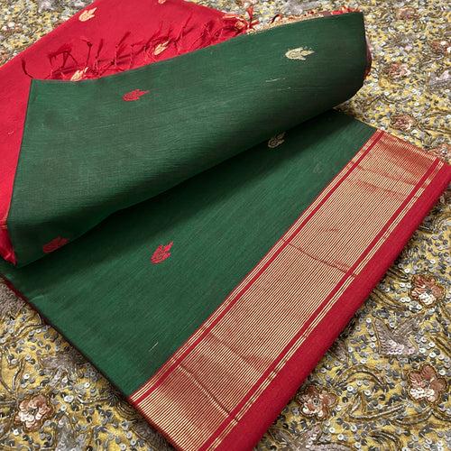 Dark green and red maheshwari saree with flower bootis all over