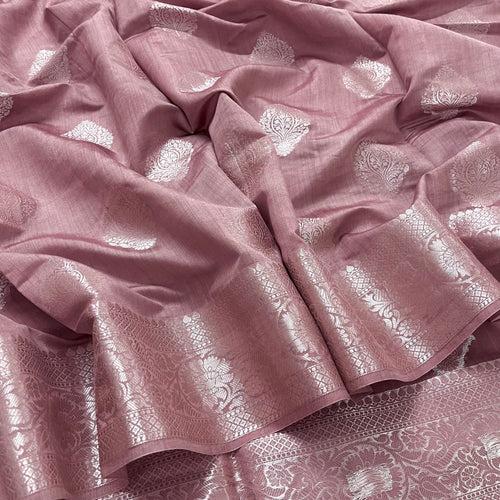 Rust pink banarasi silk saree with zari work all over