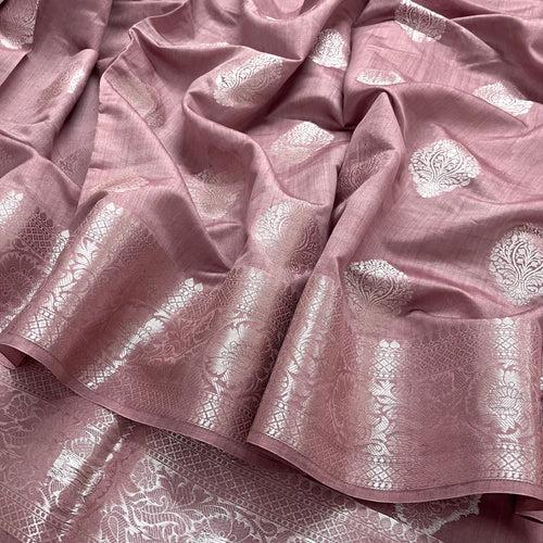 Rust pink banarasi silk saree with zari work all over
