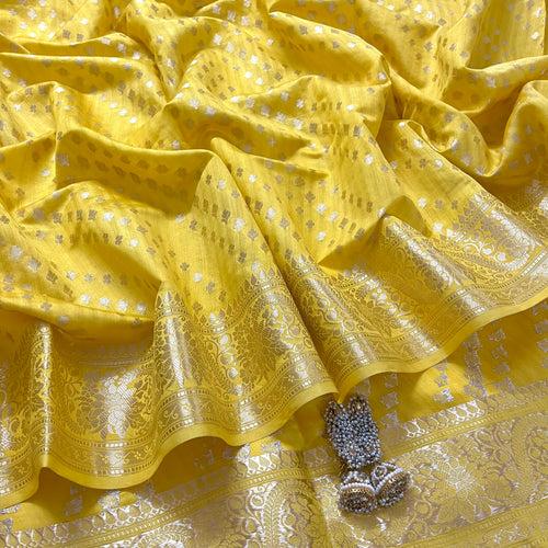 Yellow Banarasi silk saree with zari work all over