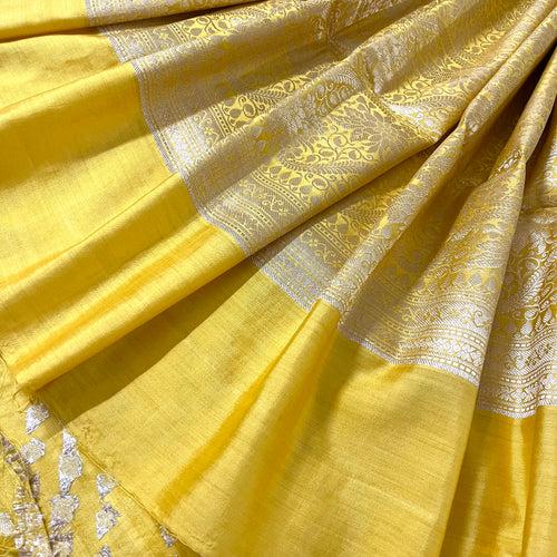 Yellow Banarasi silk saree with zari work all over