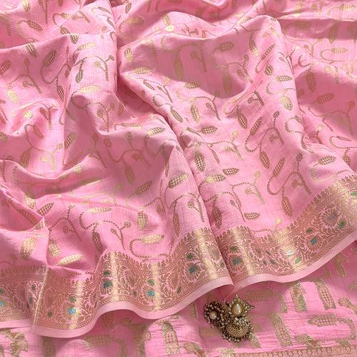 Pink banarasi silk saree with zari work all over