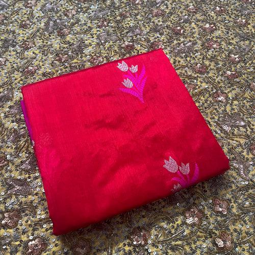 Red and pink chanderi saree with flower motifs all over