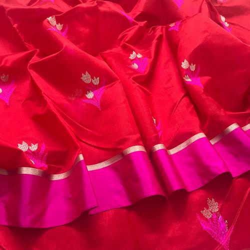 Red and pink chanderi saree with flower motifs all over