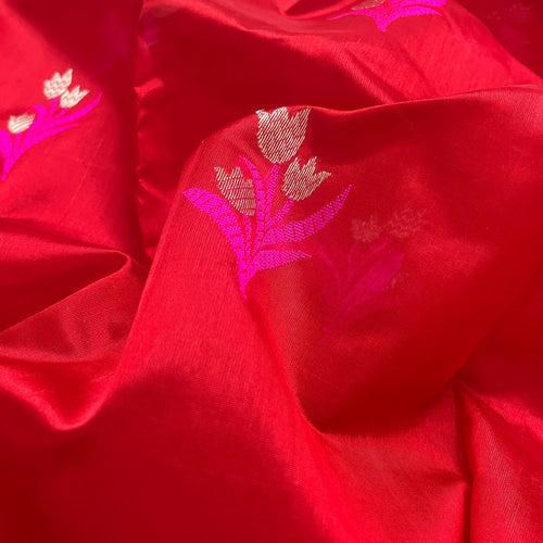 Red and pink chanderi saree with flower motifs all over