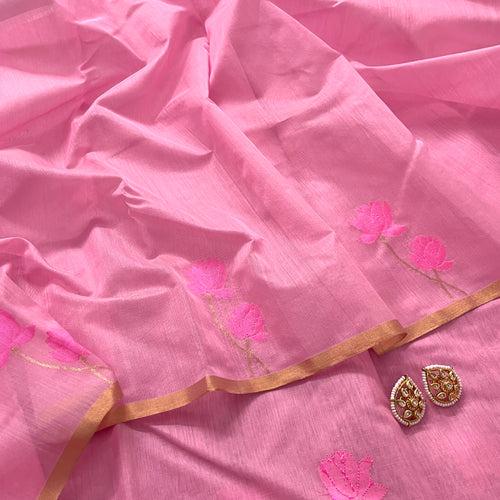 Summer Pink Chanderi Saree with Pink Lotus Motifs all over