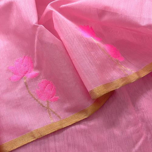 Summer Pink Chanderi Saree with Pink Lotus Motifs all over