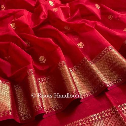 Red Maheshwari Saree with Flower Motifs all over