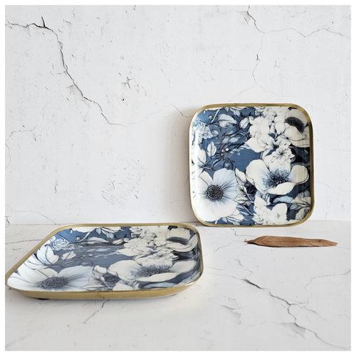 Metal Square Platter Set of 2 - Blue Hibiscus