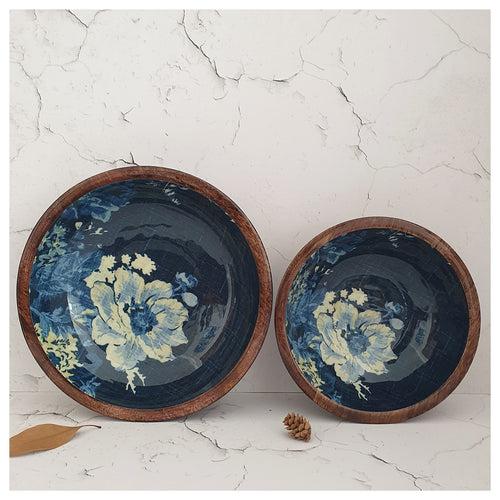 Wooden Multipurpose Bowls - Set of 2 - Denim Blue Floral