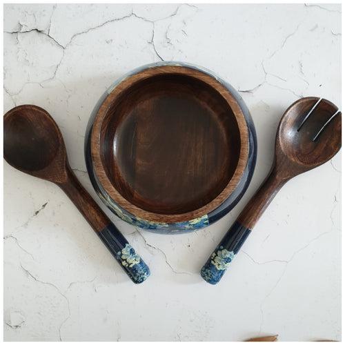 SALAD BOWL - MEDIUM - WOODEN SERVERS - DENIM BLUE FLORAL