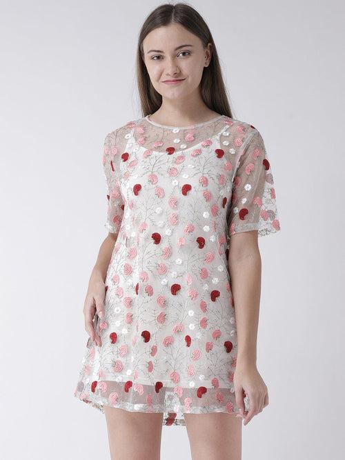 Sheer Shift Dress with Floral Embroidery