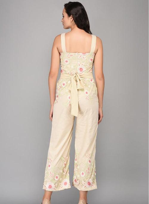 Cropped Floral Embroidered Sheer Jumpsuit