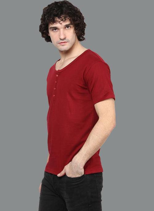 Maroon Basic V-Neck Henley Collar T-Shirt