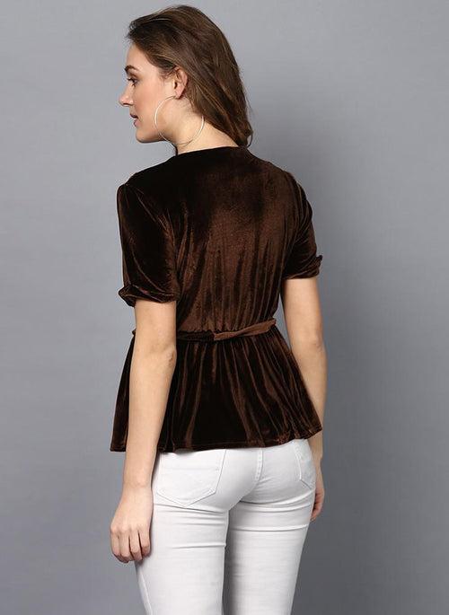 Brown Velvet V-Neck Top with Waist Belt