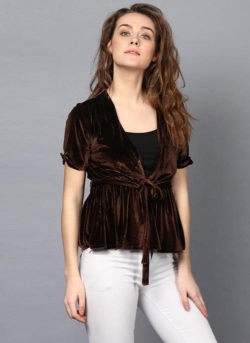 Brown Velvet V-Neck Top with Waist Belt