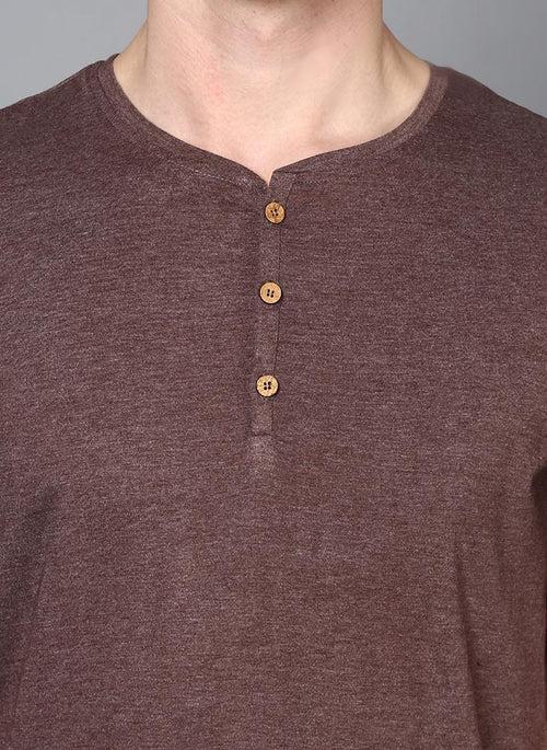 Brown Half Sleeve Henley Collar T-Shirt