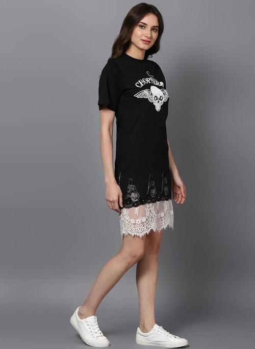 'CHOPPERS' Printed Basic Dress with Lace Insert