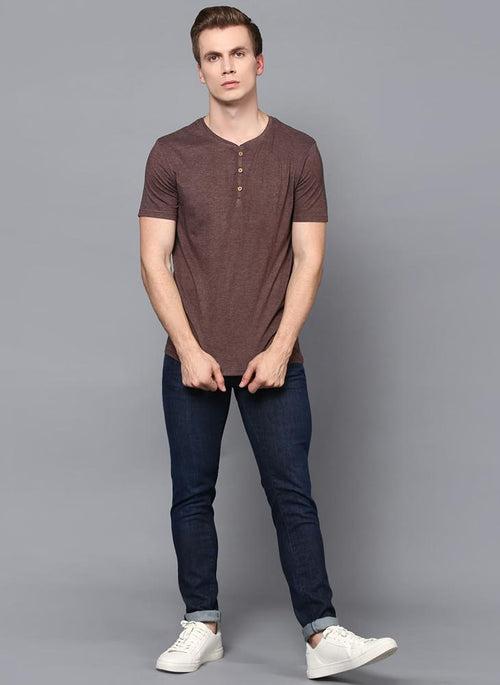 Brown Half Sleeve Henley Collar T-Shirt