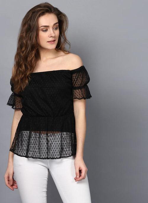 Off- Shoulder Dobby Net Frill Top