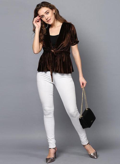 Brown Velvet V-Neck Top with Waist Belt