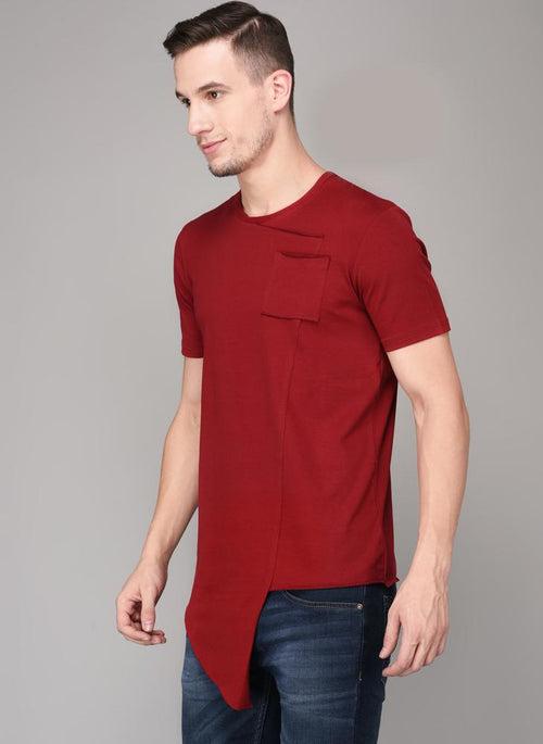 Red Round Neck T-shirt with Front pocket & Handkerchief Hem Detail