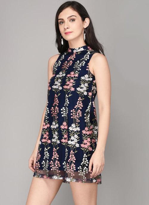 Navy Embroidered High Collar Dress