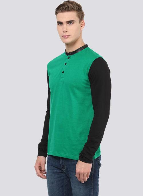 Green Henley T-shirt with Contrast Collar & Sleeves