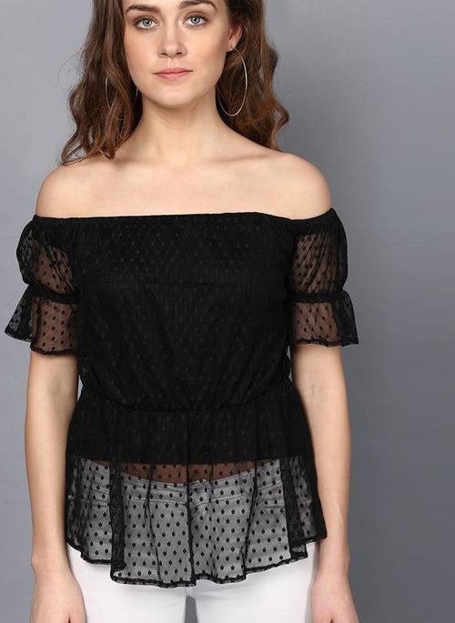 Off- Shoulder Dobby Net Frill Top