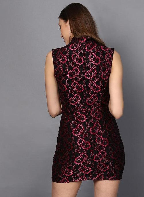 Metallic Pink Lace Dress with Waist Belt Detail