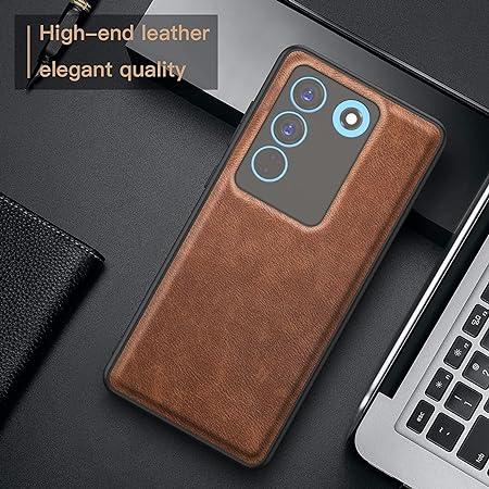 Raised Edges Brown Leather Case for Vivo V27 Pro