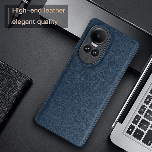 Raised Edges Blue Leather Case for Oppo Reno 10 Pro