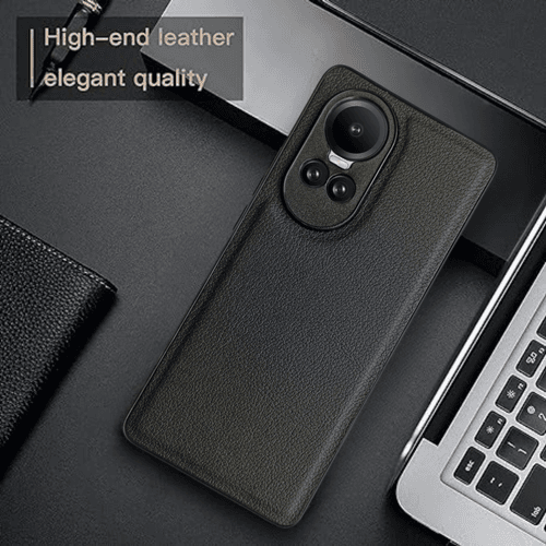 Raised Edges Black Leather Case for Oppo Reno 10 Pro