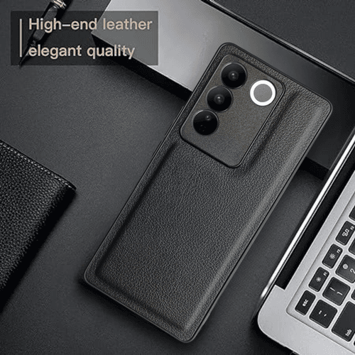 Raised Edges Black Leather Case for Vivo V27