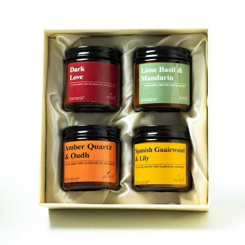 AuraDecor Premium Amber Jar Scented Candle Set of 4 Gift Set  in 2 Variants in a Gift Box