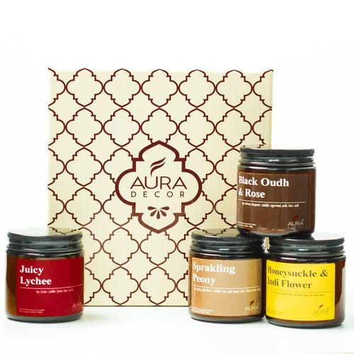 AuraDecor Premium Amber Jar Scented Candle Set of 4 Gift Set  in 2 Variants in a Gift Box