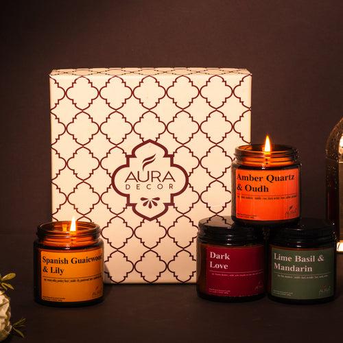 AuraDecor Premium Amber Jar Scented Candle Set of 4 Gift Set  in 2 Variants in a Gift Box