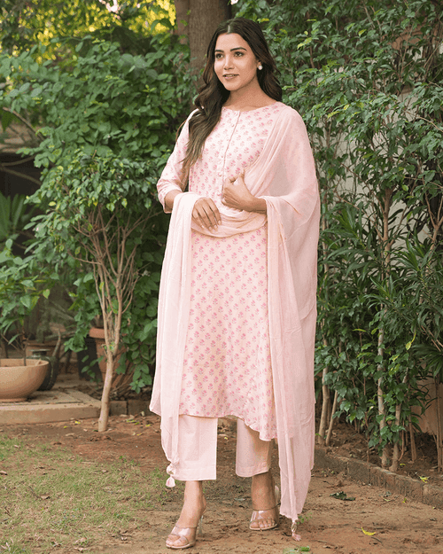 BLUSHING PINK COTTON SILK HANDBLOCK SUIT SET