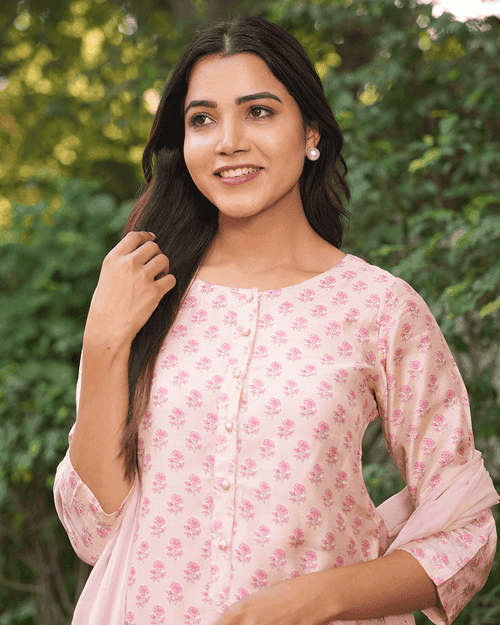 BLUSHING PINK COTTON SILK HANDBLOCK SUIT SET