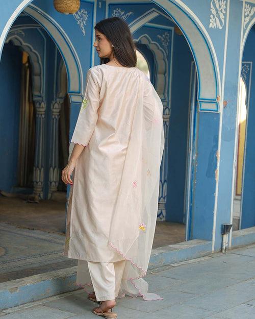 PEACH CHANDERI SUIT SET WITH PATCHWORK