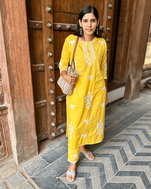 YELLOW COTTON KURTA SET WITH WHITE EMBROIDERY