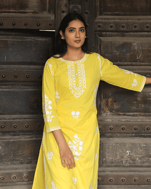 YELLOW COTTON KURTA SET WITH WHITE EMBROIDERY