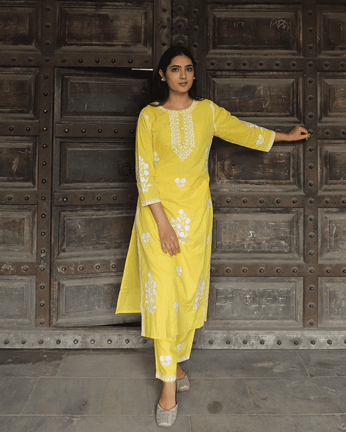 YELLOW COTTON KURTA SET WITH WHITE EMBROIDERY