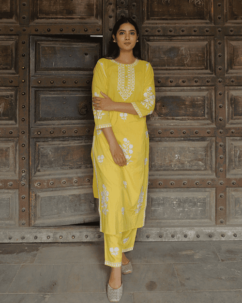 YELLOW COTTON KURTA SET WITH WHITE EMBROIDERY