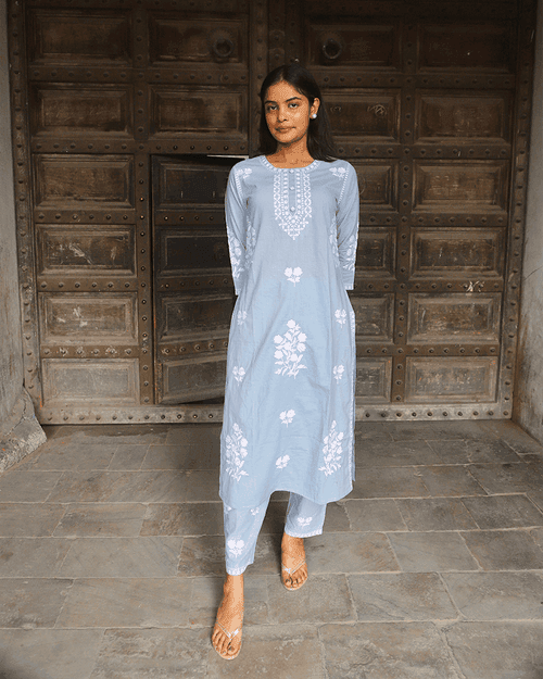 BLUE EMBROIDERED COTTON KURTA SET